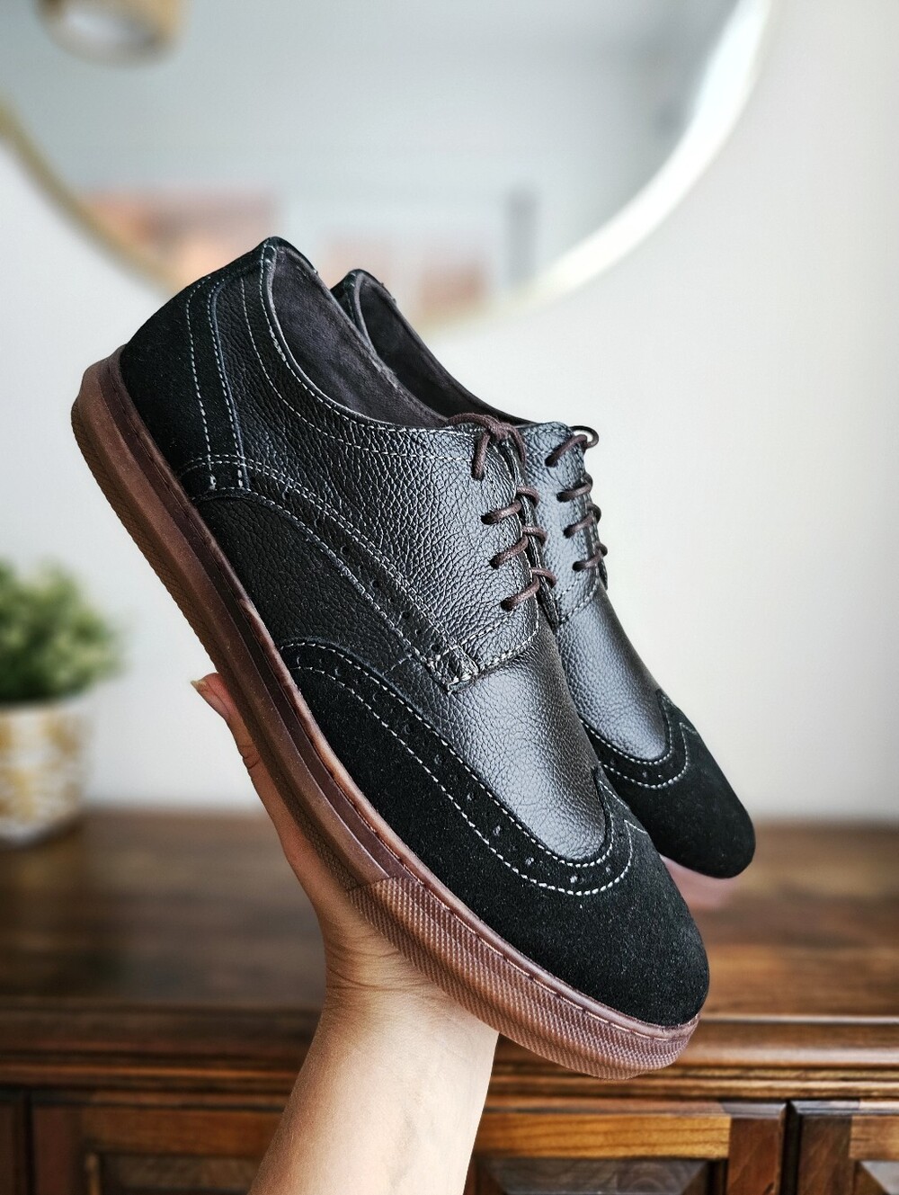 Arkbird Men’s Oxford Wingtip Leather Suede Sneakers Black Brown US 11